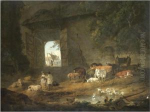 Figures And Livestock In A Barn, Wales by Julius Caesar Ibbetson