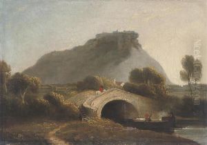 A Wooded River Landscape With A 
Figure On Horseback Crossing Abridge, A Hill With A Fort Beyond