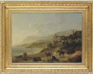A Coastal Landscape With Figures And Horses On A Beach
