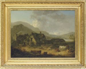 Mountainous Landscape With A Farm And Cattle by Julius Caesar Ibbetson