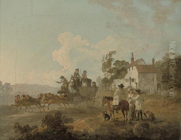 A Landscape With Travellers In A Horse-drawn Carriage, And Figures Conversing By A Track by Julius Caesar Ibbetson