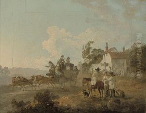 A Landscape With Travellers In A Horse-drawn Carriage, And Figures Conversing By A Track
