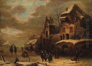 Figures on a frozen Waterway by a Town