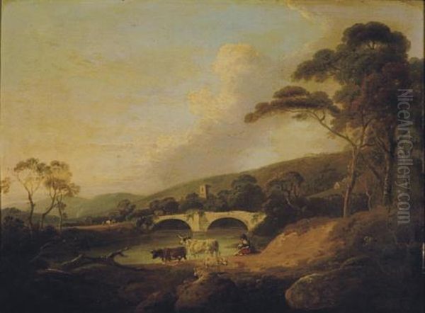 Cows Near A River And Bridge Beyond - view 1