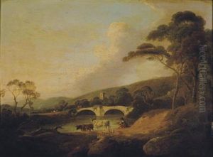 Cows Near A River And Bridge Beyond by Julius Caesar Ibbetson