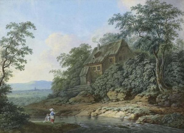 Landschaft Mit Einem Haus Am Fluss Und Figuren. - view 1
