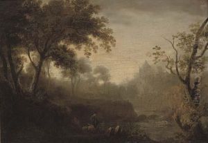 View Of Hawthornden Castle With Figures By The River North Esk In The Foreground by Julius Caesar Ibbetson