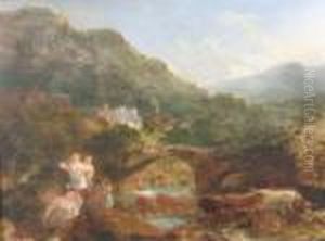 A View In The Lake District With
Figures On A Riverbank, Cattle Watering, A Bridge And Village Beyond by Julius Caesar Ibbetson