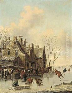 A frozen river by a town with skaters and townsfolk