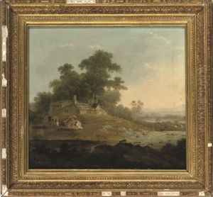 Longhorn Cattle Resting Beside A River by Julius Caesar Ibbetson