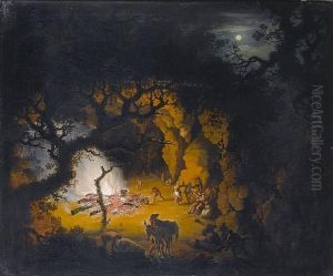Peasants Merrymaking Beside A Campfire At The Mouth Of A Cave