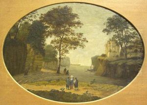 Figures By A Harbour In A Classical Landscape Oil On Tin, Oval, 56cm By 78.5cm