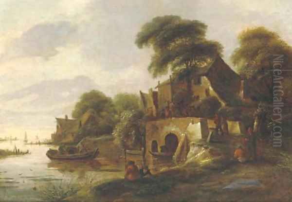 A river landscape with peasants gathered on a bridge in a village, a lake with sailing vessels beyond - view 1