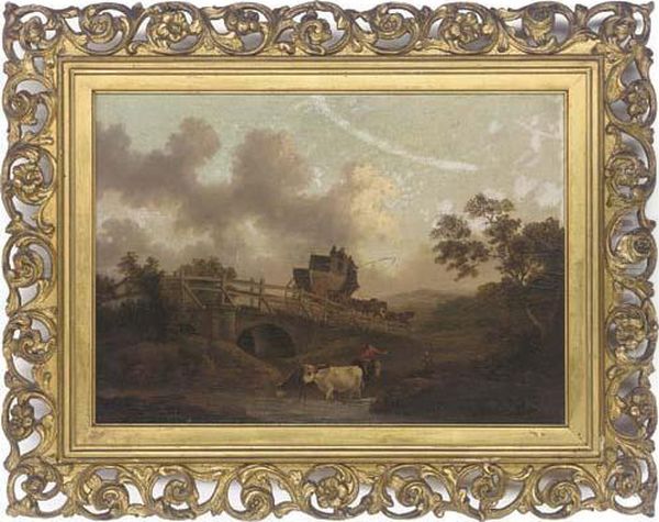 Cattle Watering In A River With A Stagecoach Crossing A Bridge Beyond - view 1