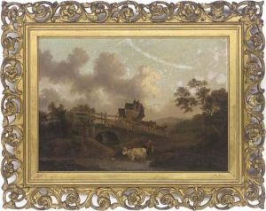 Cattle Watering In A River With A Stagecoach Crossing A Bridge Beyond