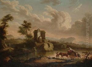 An Extensive Landscape With Figures Fording A River, Travellers On A Path Beyond. by Julius Caesar Ibbetson