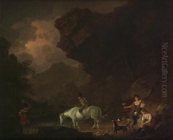 A Traveller Watering His Horse At A Stream With Washerwomen Nearby - view 1