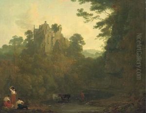 View Of Hawthornden Castle With Cattle Drinking At A River And Figures In The Foreground by Julius Caesar Ibbetson