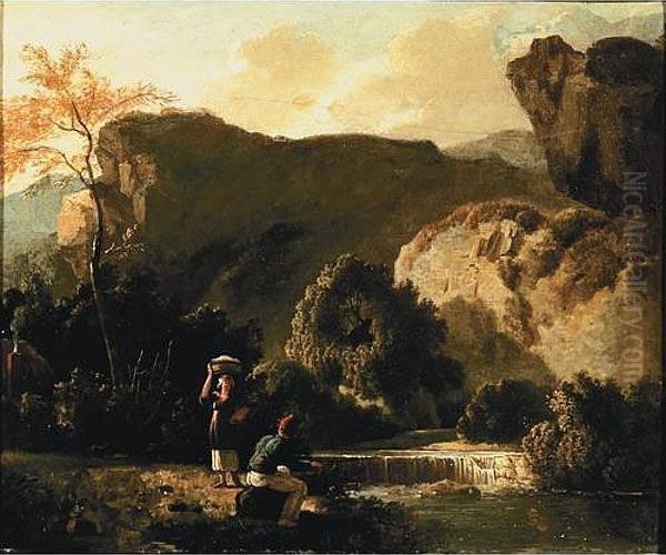 A River Landscape With A Washerwoman And A Fisherman Conversing By A Waterfall - view 1
