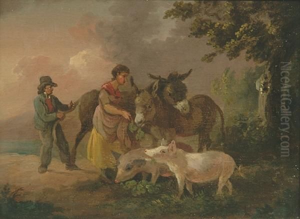 Figures Feeding Donkeys And Pigs - view 1