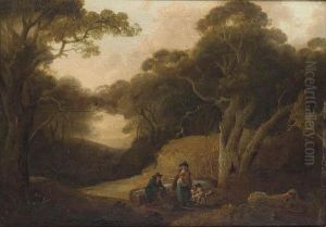 Figures Resting In A Woodland Glade by Julius Caesar Ibbetson