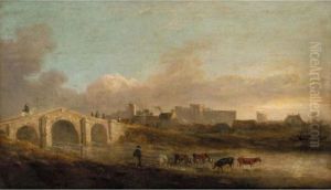 View Of Middleham Castle, Yorkshire With A Drover And Her Cattle In The Foreground by Julius Caesar Ibbetson