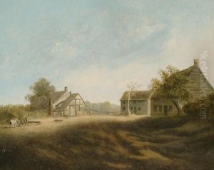 Extensive Landscape With Figures, Timbered House And Farm Buildings by Julius Caesar Ibbetson
