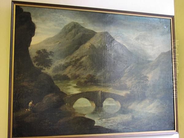 Figures By A Stone Bridge In An Extensive Mountain And River Landscape, Oil On Canvas - view 1