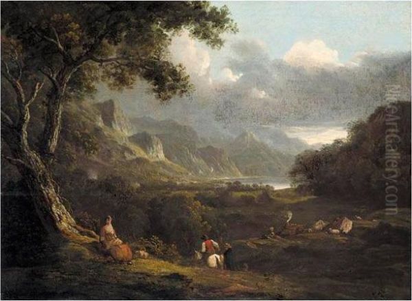 An Extensive Landscape, Possibly
A View Of The Lake District, With Figures In The Foreground by Julius Caesar Ibbetson