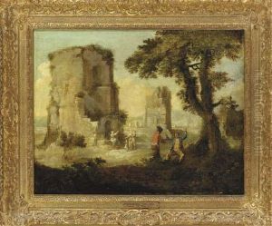 Figures Amongst Ruins In A Landscape by Julius Caesar Ibbetson