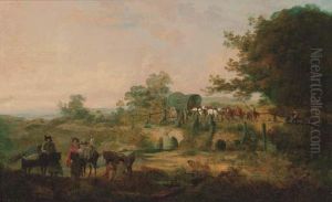 Travellers Resting In A Wooded River Landscape by Julius Caesar Ibbetson