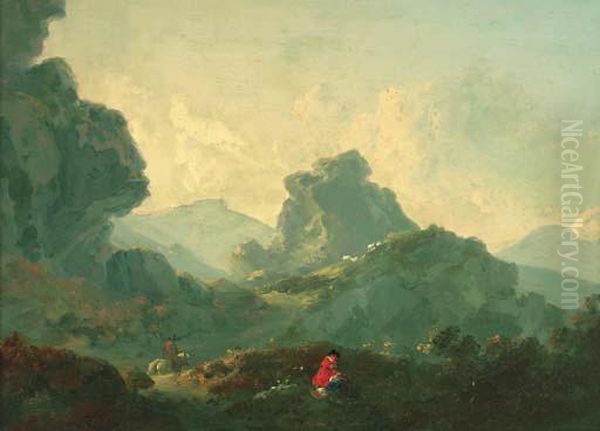 A Horseman And A Resting Figure In A Mountainous Landscape - view 1