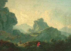 A Horseman And A Resting Figure In A Mountainous Landscape by Julius Caesar Ibbetson