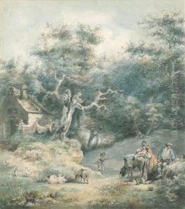 Peasants In A Wooded Landscape by Julius Caesar Ibbetson