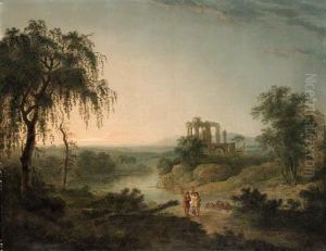 A Ruined Abbey With Figures In
The Foreground; And A Riverlandscape, With Figures In The Foreground And
A Ruined Abbeybeyond by Julius Caesar Ibbetson