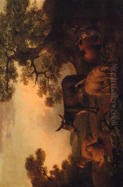 Sheep, A Donkey, And A Cow, Resting In A Landscape - view 1