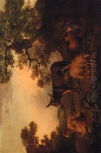 Sheep, A Donkey, And A Cow, Resting In A Landscape by Julius Caesar Ibbetson