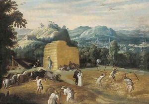 Summer A mountainous village landscape with peasants threshing wheat in a field