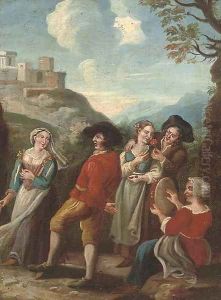 Company dancing and courting in a landscape by Paolo Monaldi