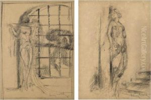 Female Figure By A Gate (variation On Dalila); And A Female Figure On Stairs by Louis Icart