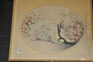 Oval Portrait Of A Belle Epoque Reclining Lady by Louis Icart