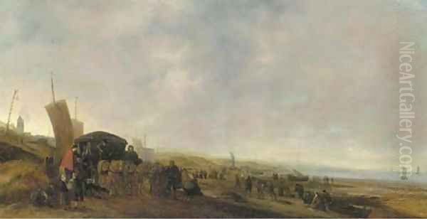 Elegant figures in a horsedrawn carriage with fisherfolk on a beach, sailing vessels beyond - view 1
