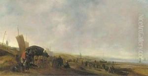 Elegant figures in a horsedrawn carriage with fisherfolk on a beach, sailing vessels beyond by Hendrick De Meijer