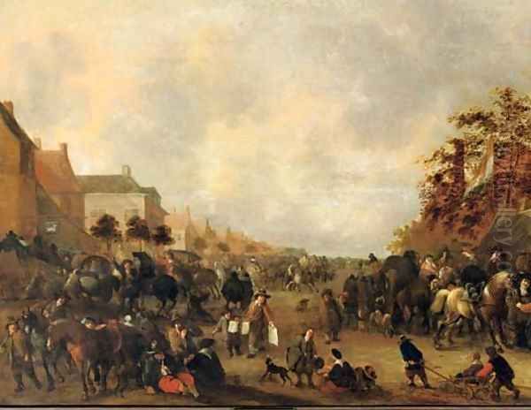 Horsemen, peasants and other figures in a busy village street - view 1