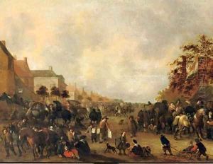 Horsemen, peasants and other figures in a busy village street by Hendrick De Meijer