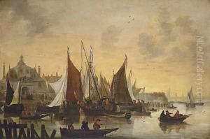View of the Oude Hoofdpoort, Rotterdam, with sportsmen shooting duck in the foreground by Hendrick De Meijer