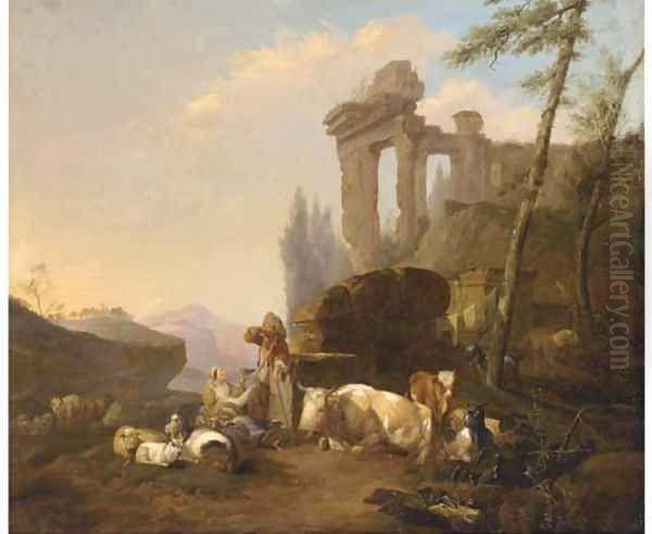 A classical landscape with a herdsman and his family resting by a fountain with their cattle and goats - view 1