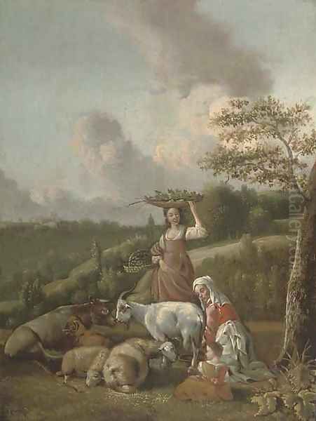 A mother and child milking a goat and a girl carrying baskets of fruit and vegetables in a wooded landscape - view 1