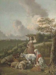 A mother and child milking a goat and a girl carrying baskets of fruit and vegetables in a wooded landscape by Hendrik Mommers