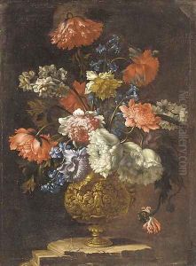 Carnations, narcissi, morning glory and peonies in a gilt vase on a ledge Carnations, narcissi, morning glory and peonies in a gilt vase on a ledge